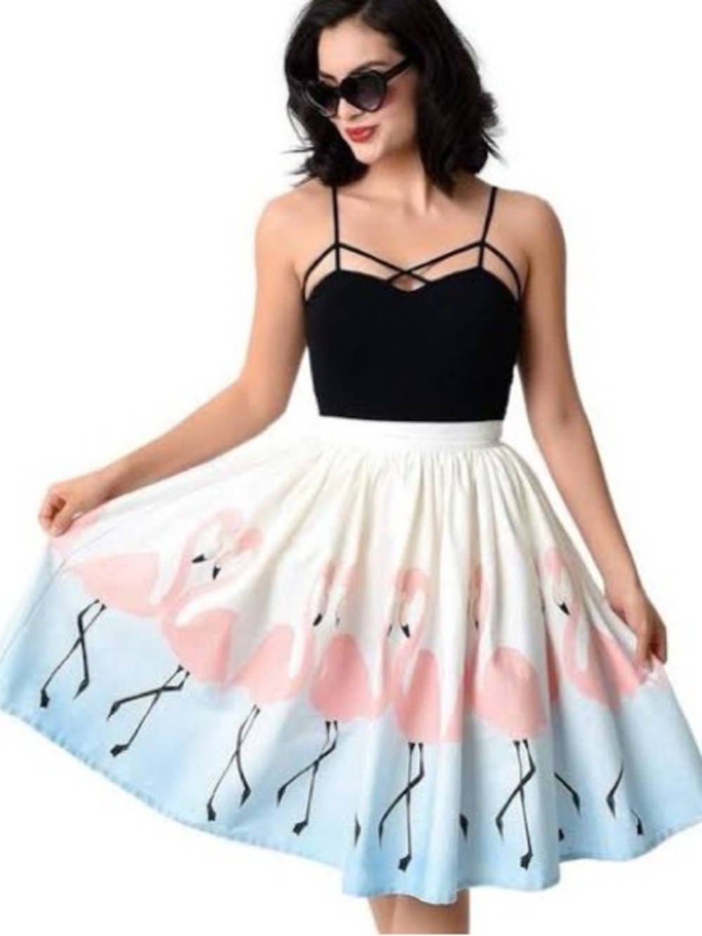 Unique Vintage Light Blue and White Pink Flamingo Print Swing Skirt